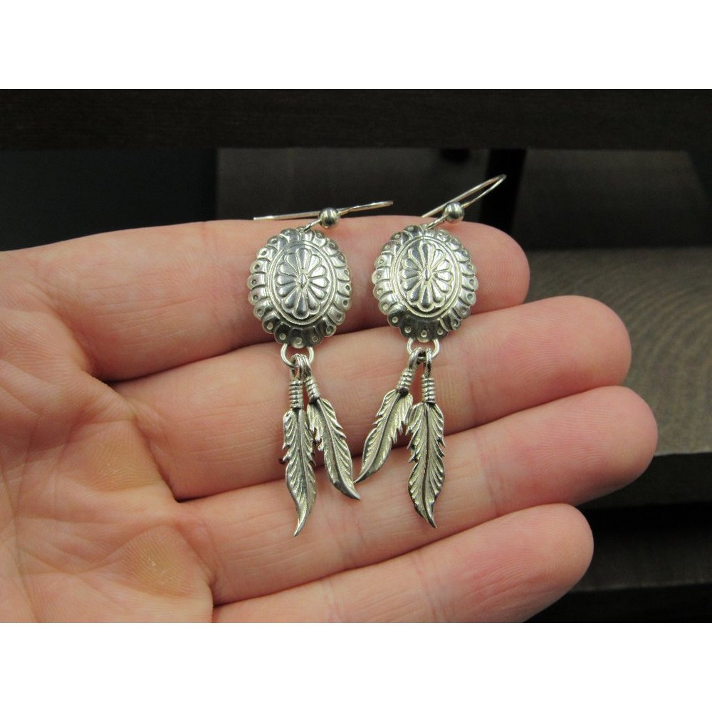 Sterling Silver Fancy Pattern Feather Dangle Earr… - image 1